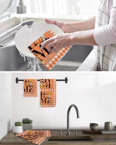 Happy Thanksgiving Waffle Hand Towels Set of 2 Orange Plaid Design