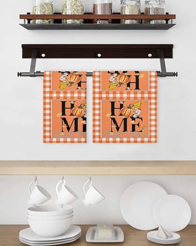 Happy Thanksgiving Waffle Hand Towels Set of 2 Orange Plaid Design