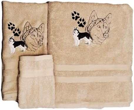 Big Black Horse Bath Towel Set with Embroidered Husky - Beige