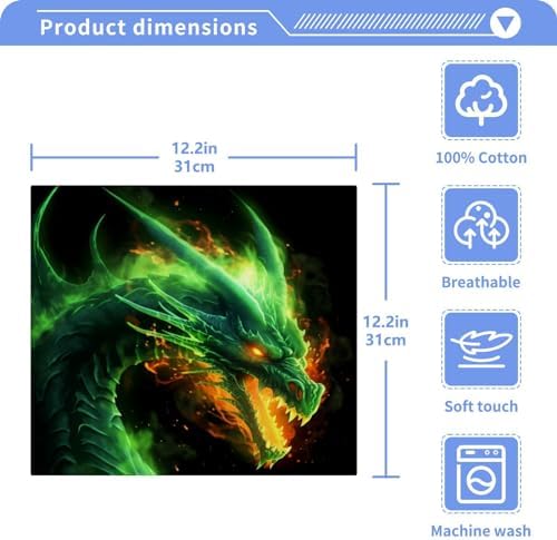 Green Fire Dragon Washcloth Set 2 x 12x12 inch Soft Cotton Face Towels