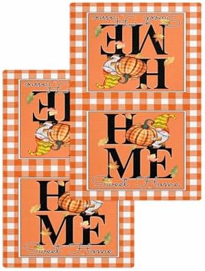 Happy Thanksgiving Waffle Hand Towels Set of 2 Orange Plaid Design