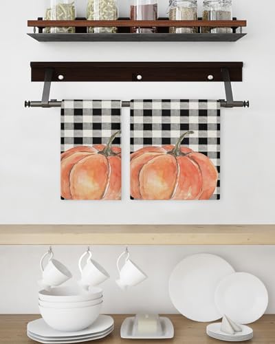 Plaid Pumpkin Waffle Kitchen Hand Towels Set of 4 Durable Absorbent
