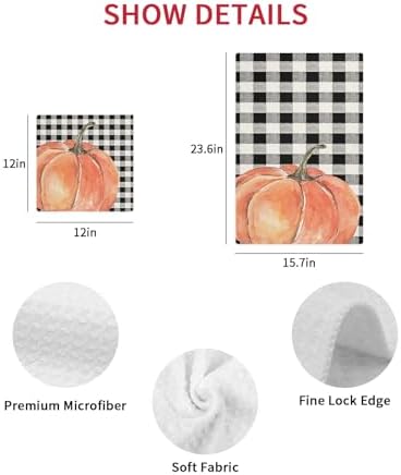 Plaid Pumpkin Waffle Kitchen Hand Towels Set of 4 Durable Absorbent