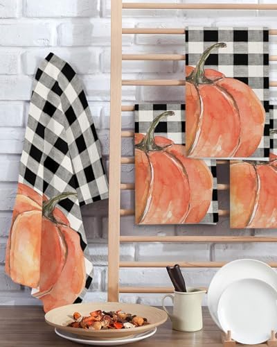 Plaid Pumpkin Waffle Kitchen Hand Towels Set of 4 Durable Absorbent