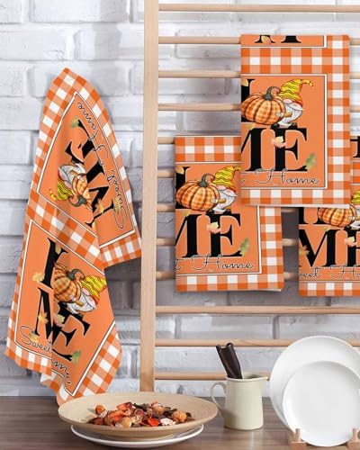 Happy Thanksgiving Waffle Hand Towels Set of 2 Orange Plaid Design
