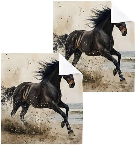 xigua Black Horse Washcloths Set of 2 - 12x12 Inch