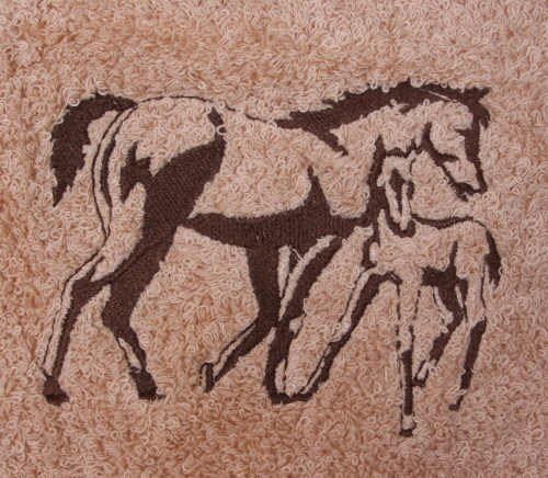 Bath Towel Set with Embroidered Mare and Foal - Beige Terry