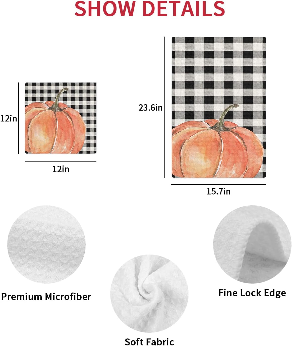 Plaid Pumpkin Waffle Kitchen Hand Towels Set of 4 Durable Absorbent