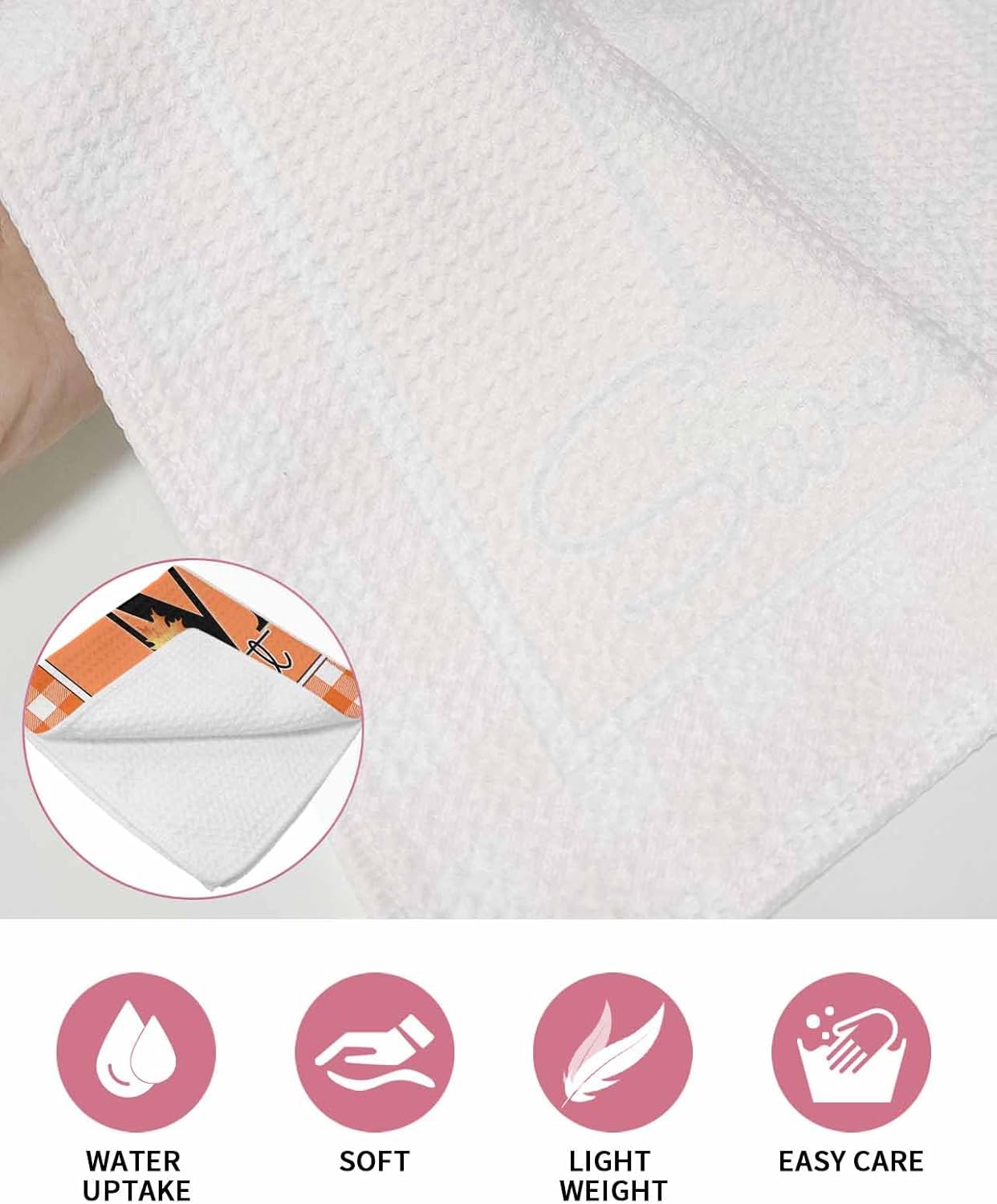 Happy Thanksgiving Waffle Hand Towels Set of 2 Orange Plaid Design