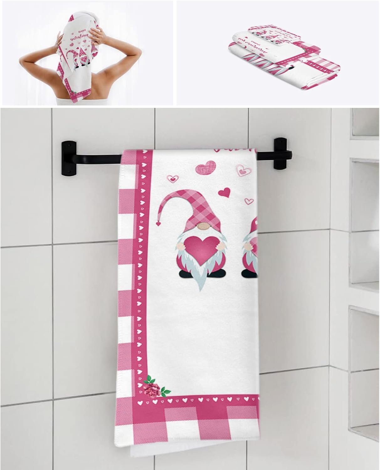 Adorable 3-Piece Check Gnomes Buffalo Border Travel Travel Towels
