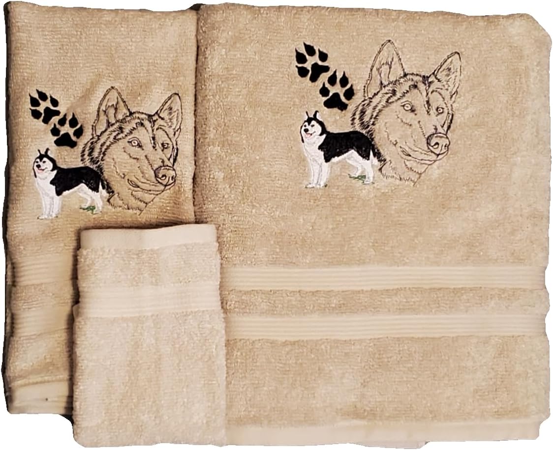 Big Black Horse Bath Towel Set with Embroidered Husky - Beige