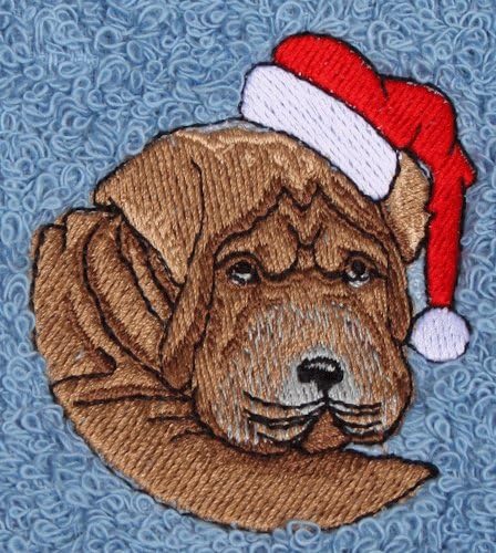 White Bath Towel Set with Embroidered Santa Cap Dog