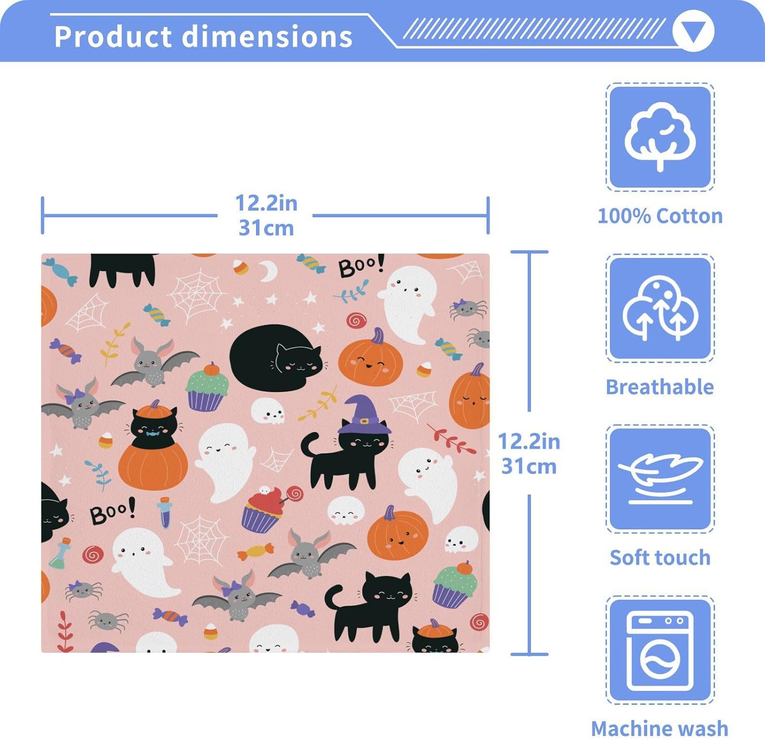 Cat Halloween Washcloth Set -Reusable Soft 12x12 Pkg of 2