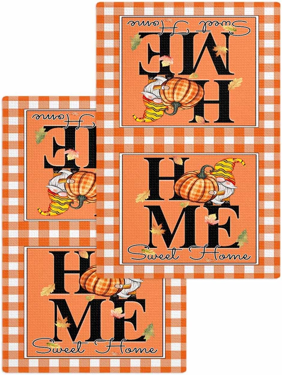 Happy Thanksgiving Waffle Hand Towels Set of 2 Orange Plaid Design