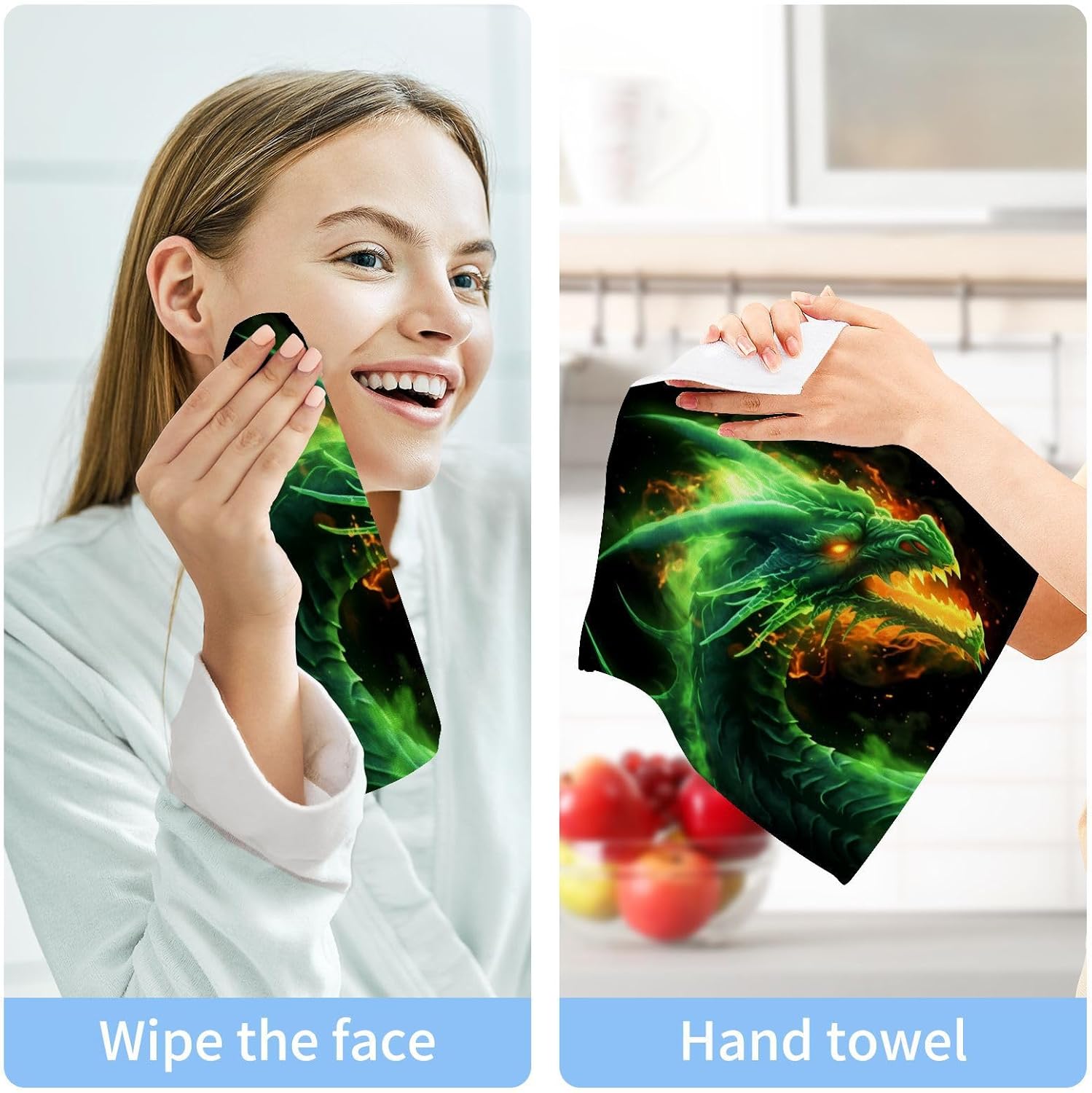 Green Fire Dragon Washcloth Set 2 x 12x12 inch Soft Cotton Face Towels