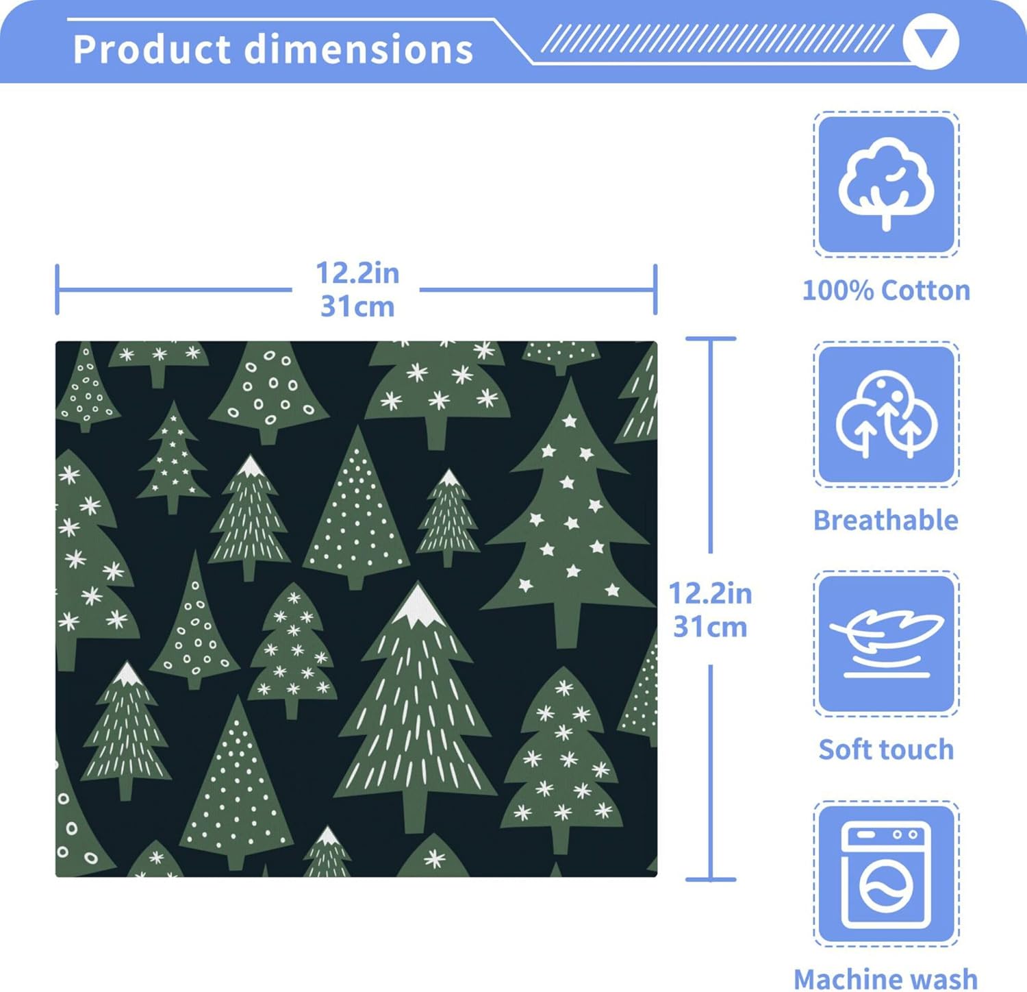 Xigua Christmas Tree Washcloth Set 2-12x12 Fast Drying Ultra Soft Machine Washable