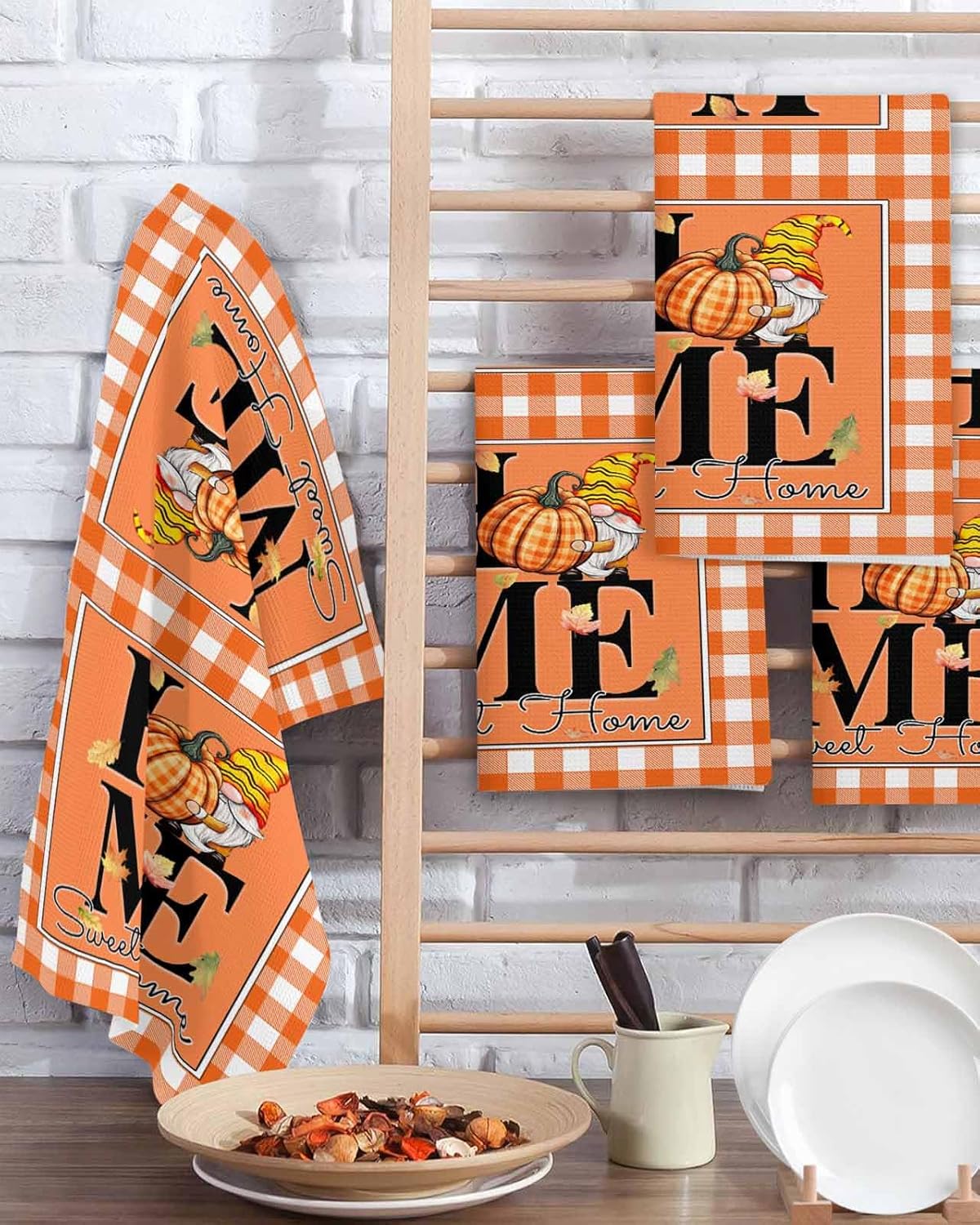 Happy Thanksgiving Waffle Hand Towels Set of 2 Orange Plaid Design