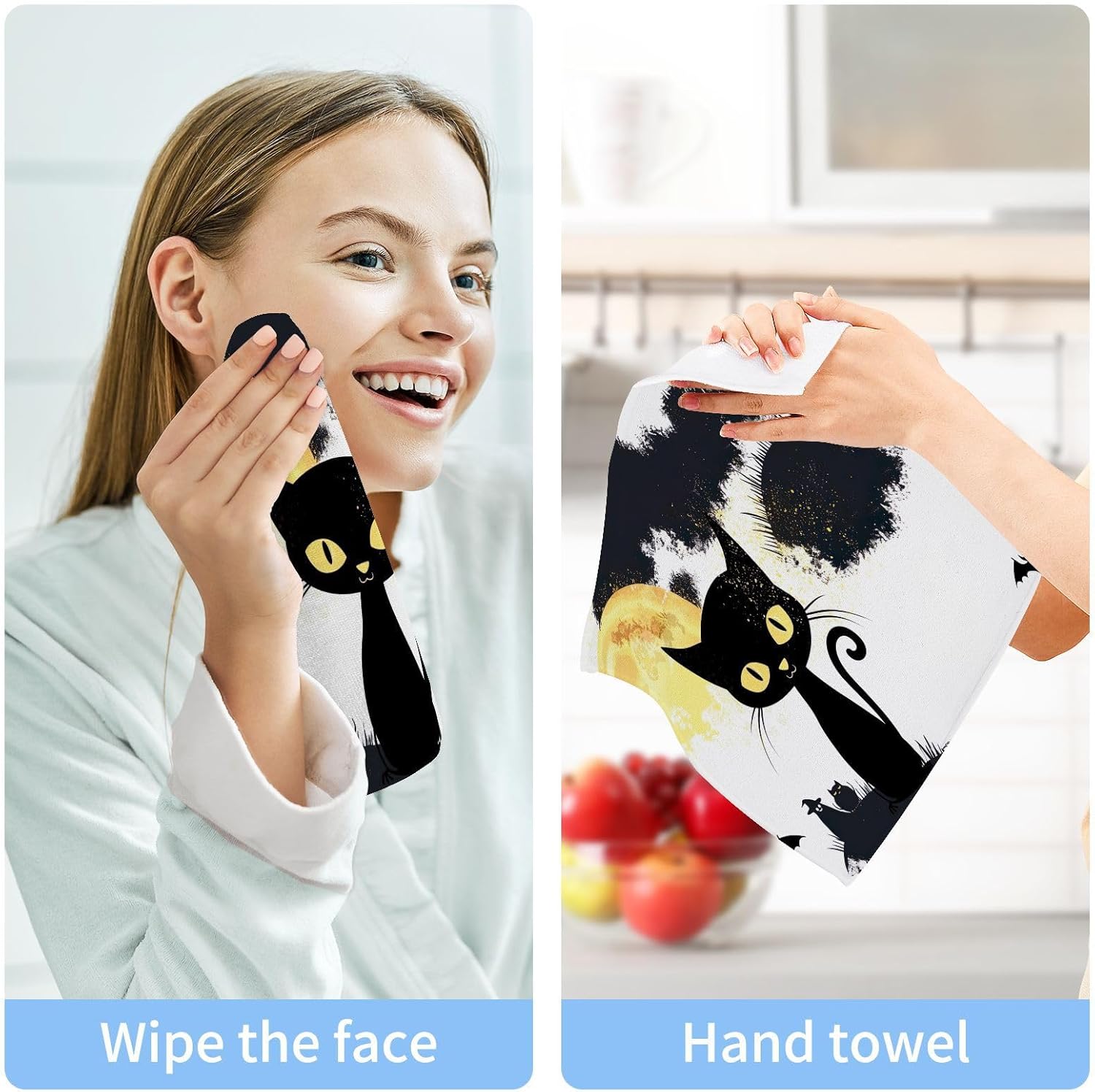 Spooky Halloween Cat Washcloth Set - Soft Absorbent Reusable Fingertip Towels