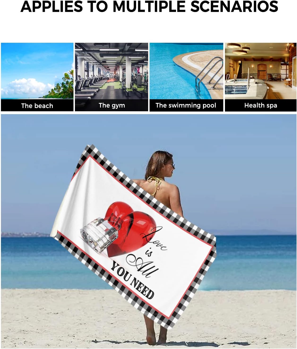 Multifunctional Valentines Bath Towels w Love Plaid Design