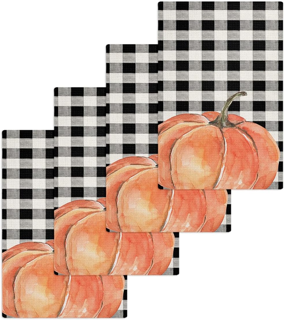Plaid Pumpkin Waffle Kitchen Hand Towels Set of 4 Durable Absorbent