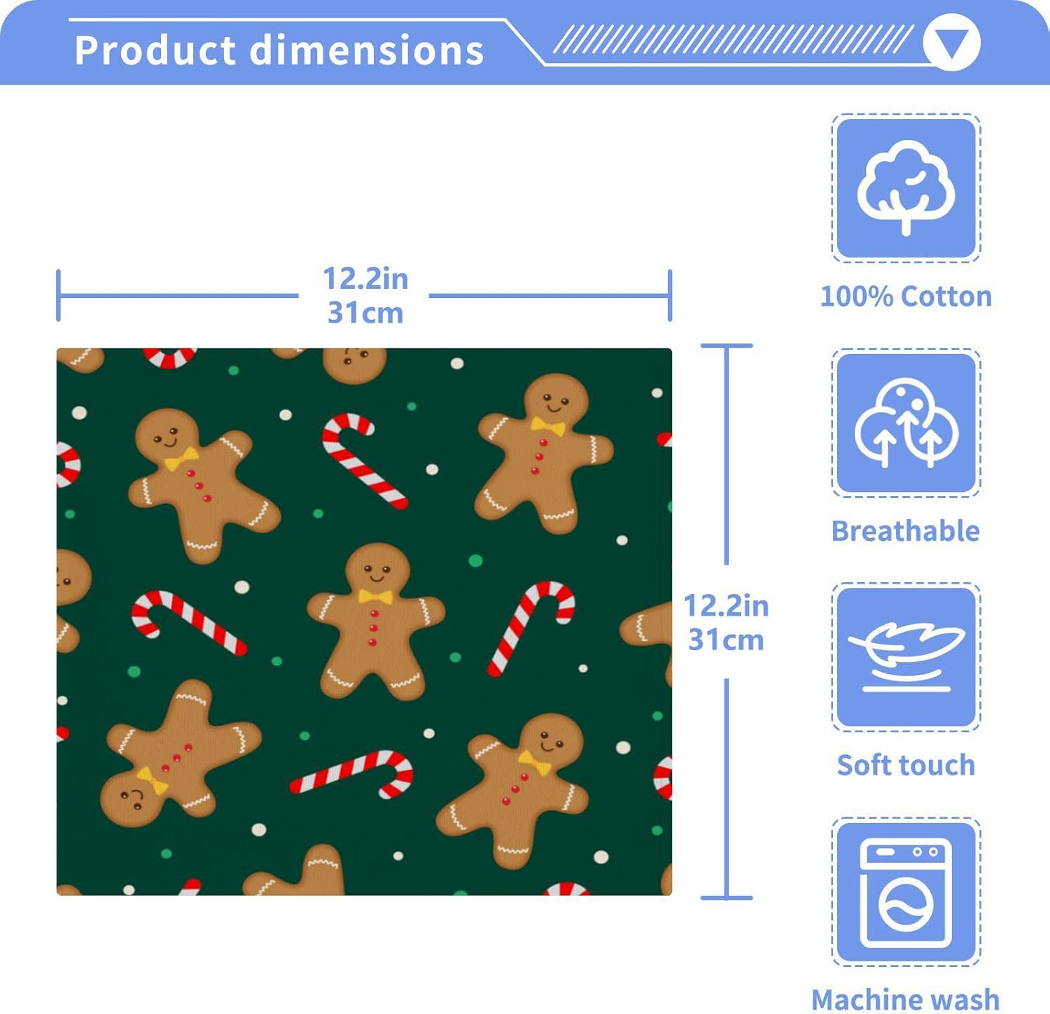 Christmas Gingerbread Man Washcloth Set 12x12 Soft Absorbent Washcloths