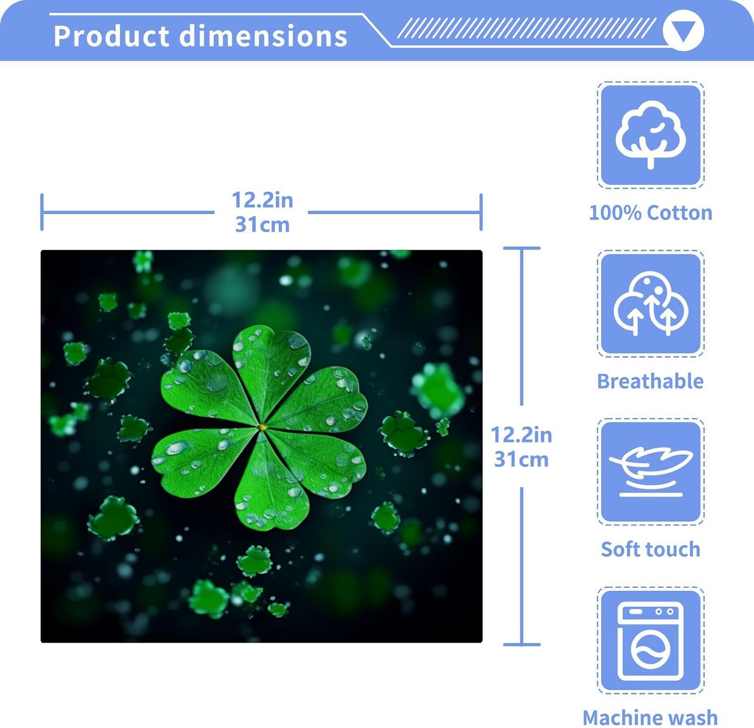 St Patricks Day Clover Washcloth Soft Reusable 12x12 inch