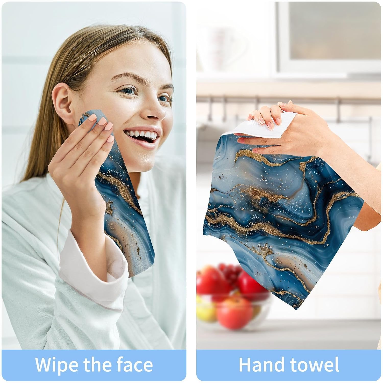 Blue Gold Marble Washcloths 2 Pack Soft Absorbent Towels