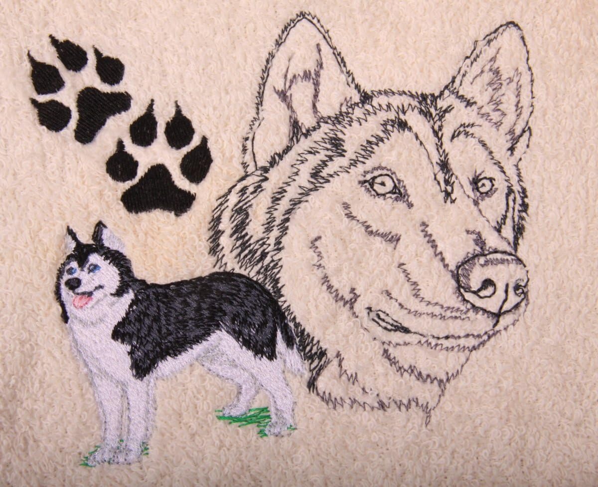 Big Black Horse Bath Towel Set with Embroidered Husky - Beige