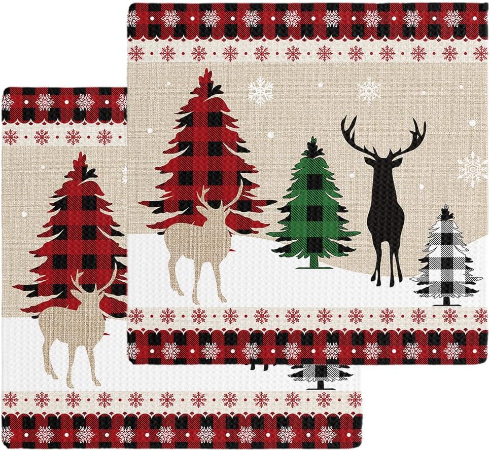 Falaniique Christmas Reindeer Waffle Dish Towel Set of 2