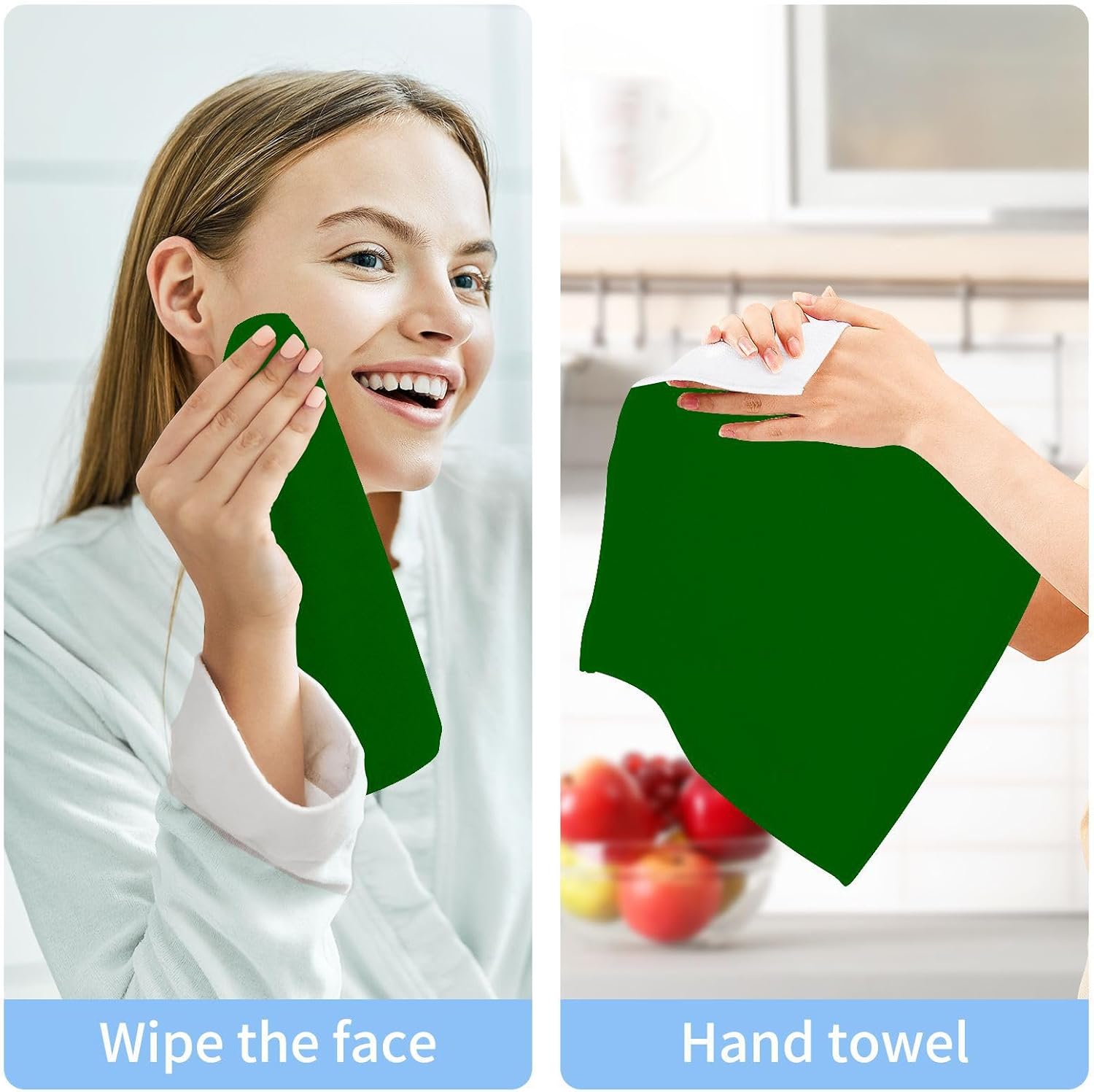 KEIGE 2Pcs Dark Green Washcloths Soft Durable 12x12in Bathroom Kitchen Use