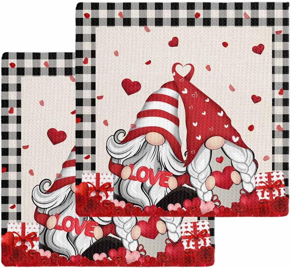 Valentines Day Waffle Towel Set Buffalo Black Gnomes Love