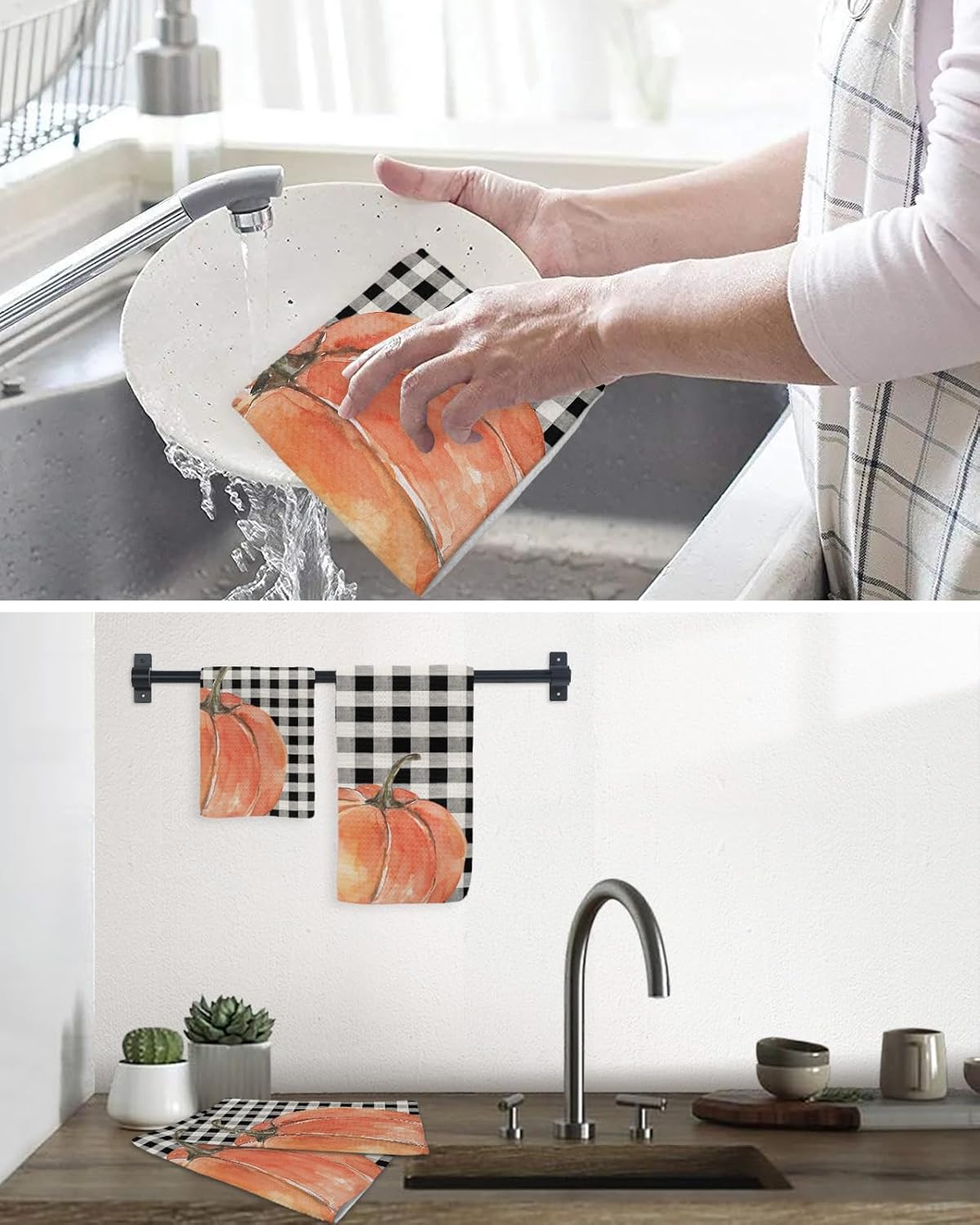 Plaid Pumpkin Waffle Kitchen Hand Towels Set of 4 Durable Absorbent