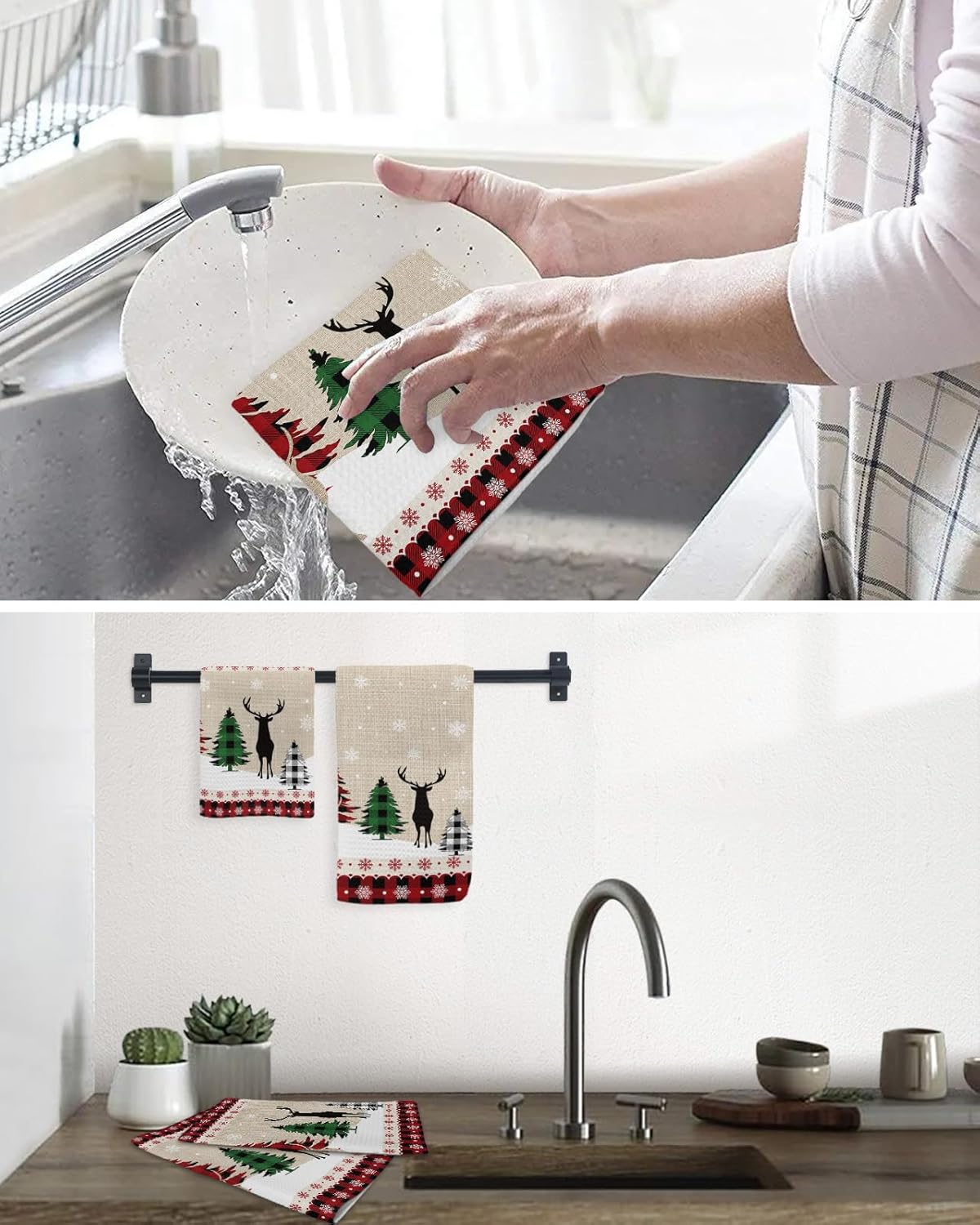 Falaniique Christmas Reindeer Waffle Dish Towel Set of 2