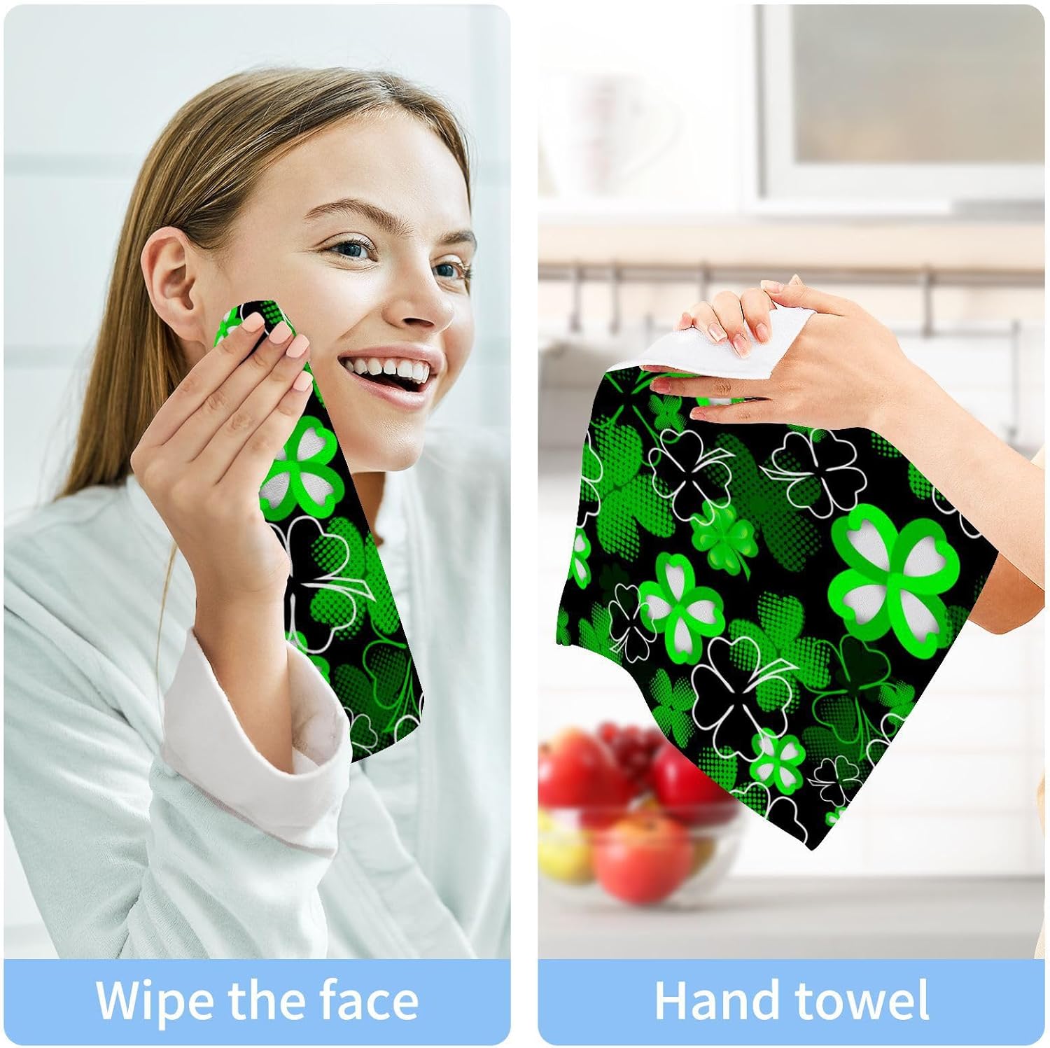 St Patricks Day Clover Washcloth Set - Soft Absorbent Face Towels