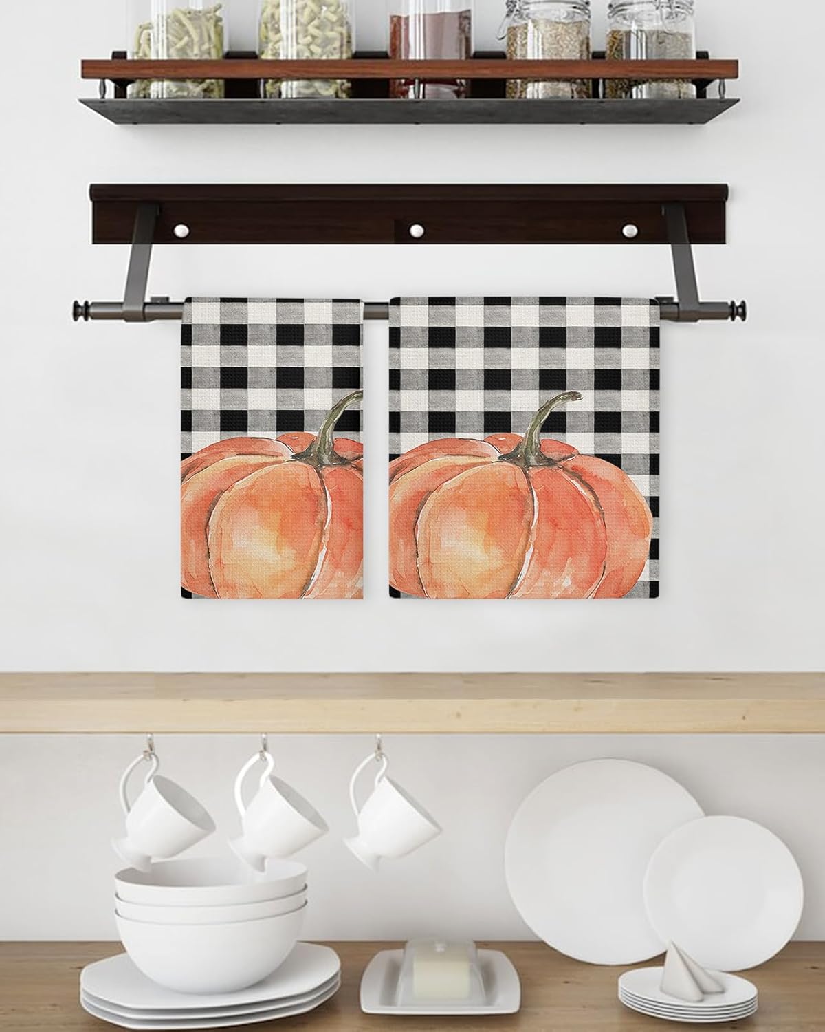 Plaid Pumpkin Waffle Kitchen Hand Towels Set of 4 Durable Absorbent