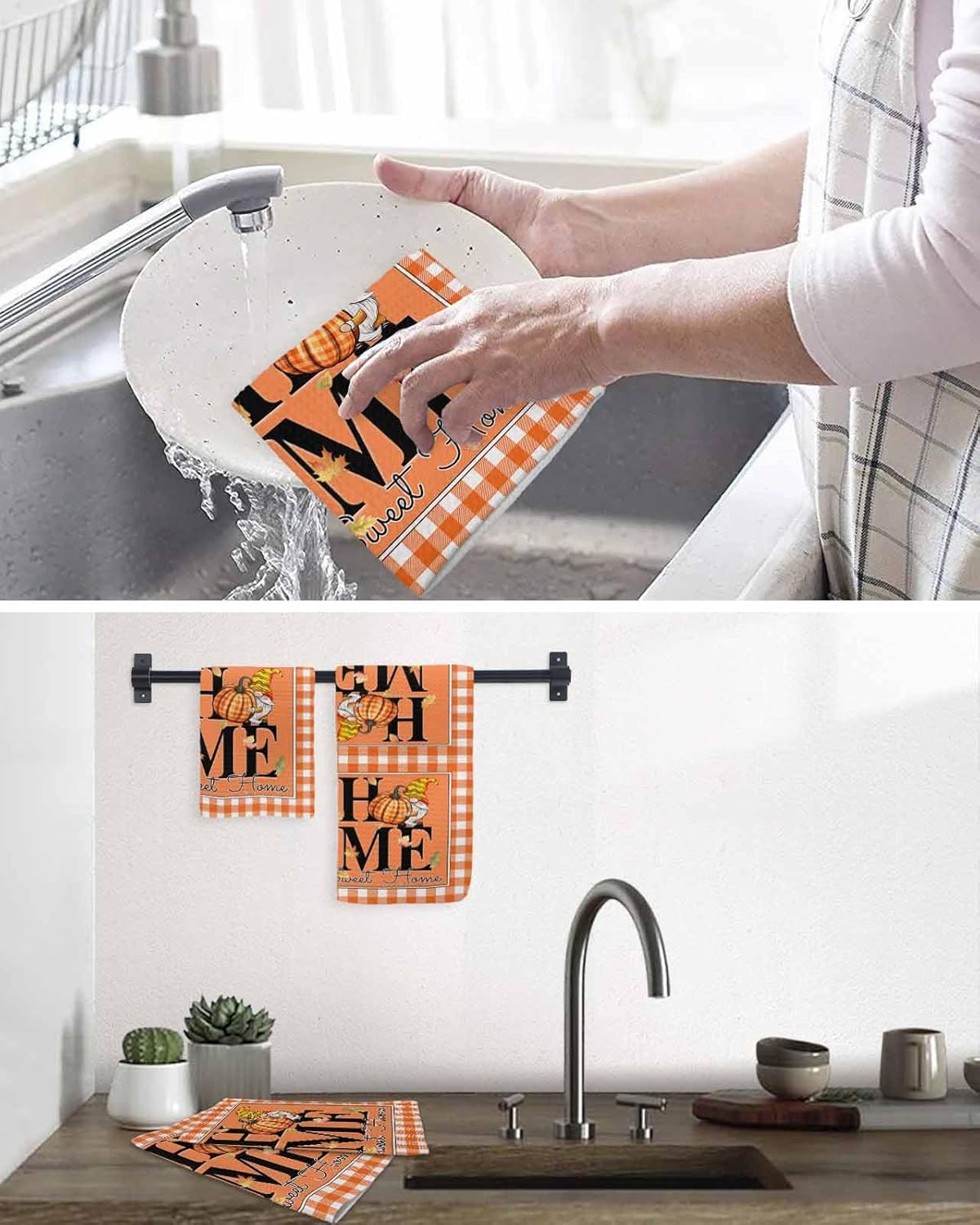 Happy Thanksgiving Waffle Hand Towels Set of 2 Orange Plaid Design