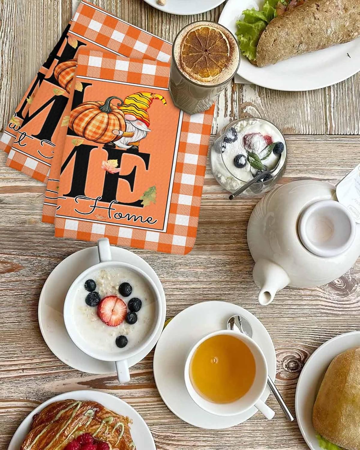 Happy Thanksgiving Waffle Hand Towels Set of 2 Orange Plaid Design