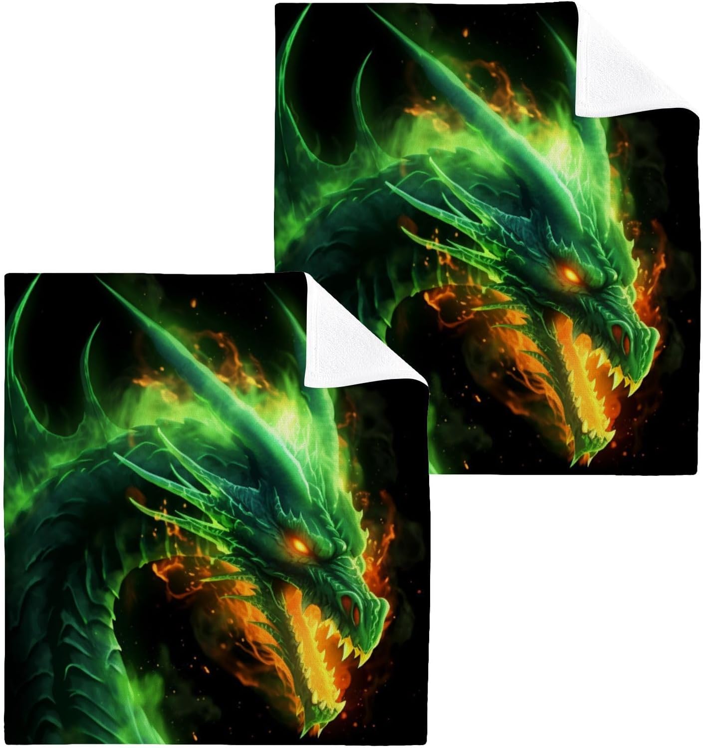 Green Fire Dragon Washcloth Set 2 x 12x12 inch Soft Cotton Face Towels
