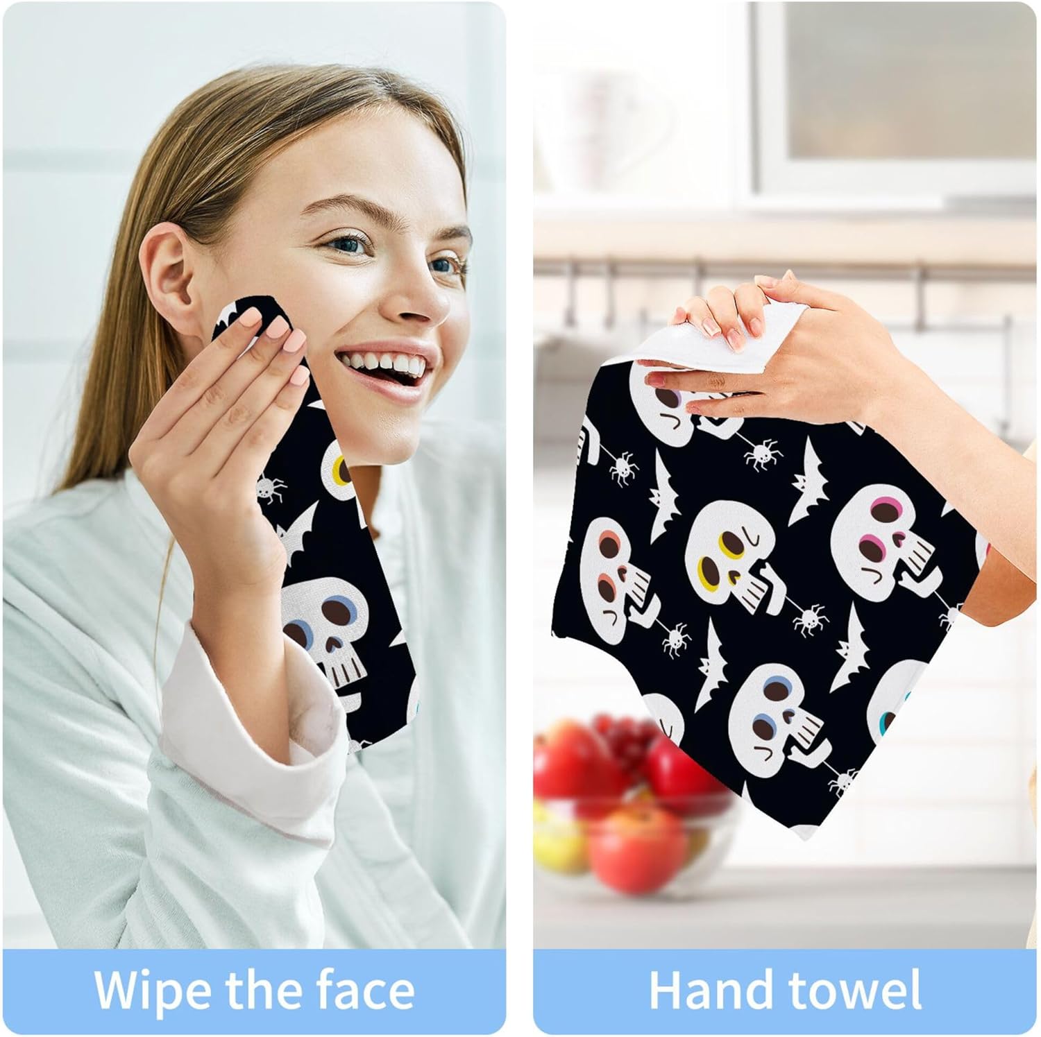 Xigua Halloween Skull Washcloth Set - Fast Durable Towels for Kitchen and Travel