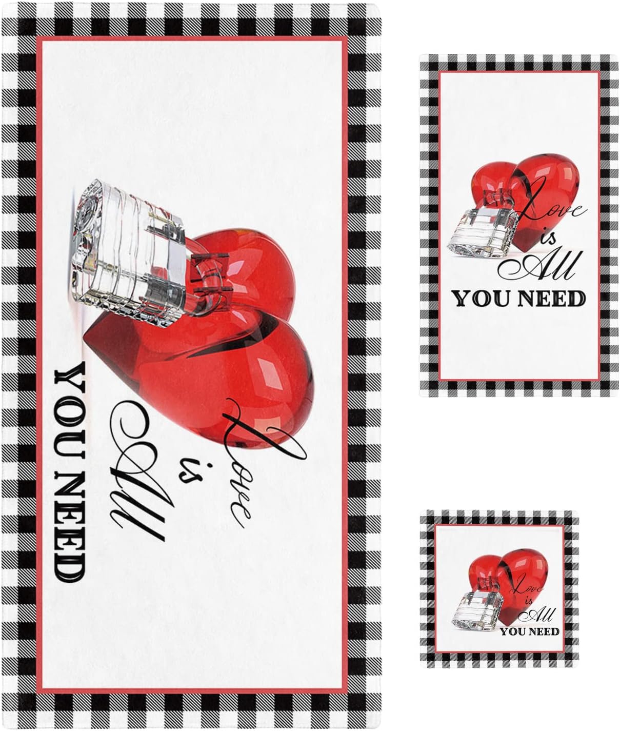 Multifunctional Valentines Bath Towels w Love Plaid Design