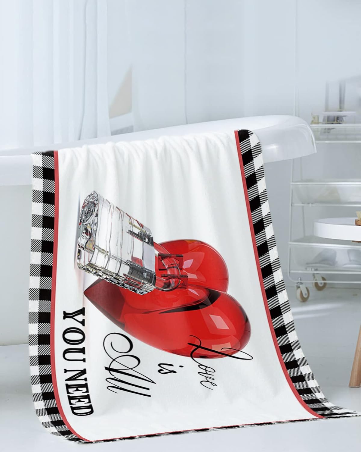 Multifunctional Valentines Bath Towels w Love Plaid Design