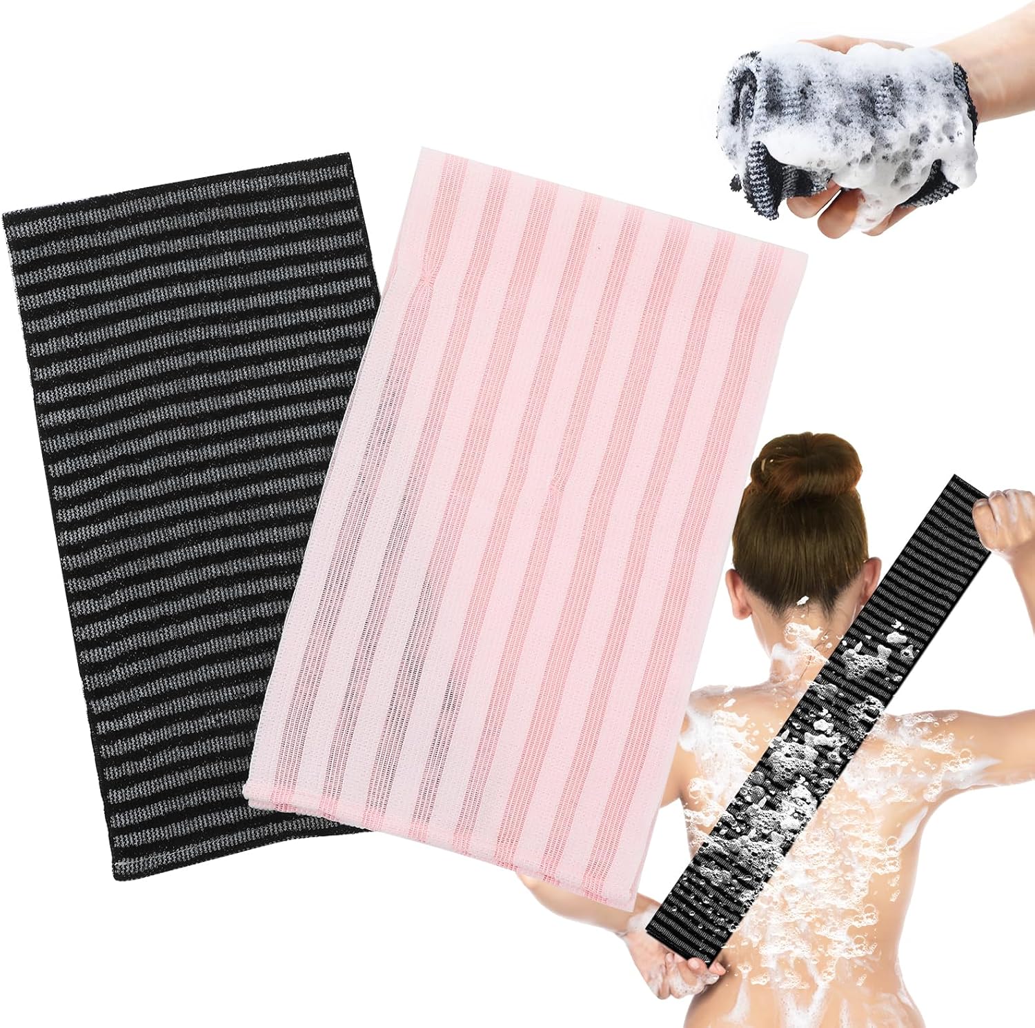 2pcs Exfoliating Washcloth Shower Towel - Black and Pink