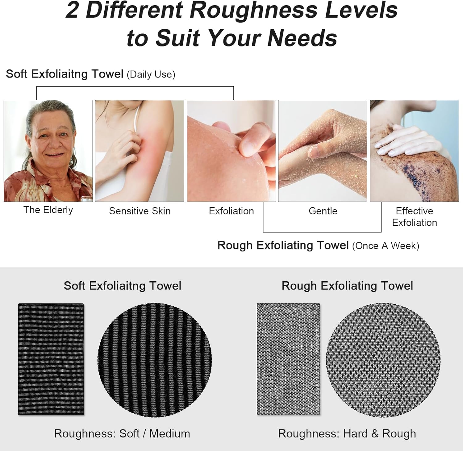 2pcs Exfoliating Washcloth Shower Towel for Body and Back Scrubbing