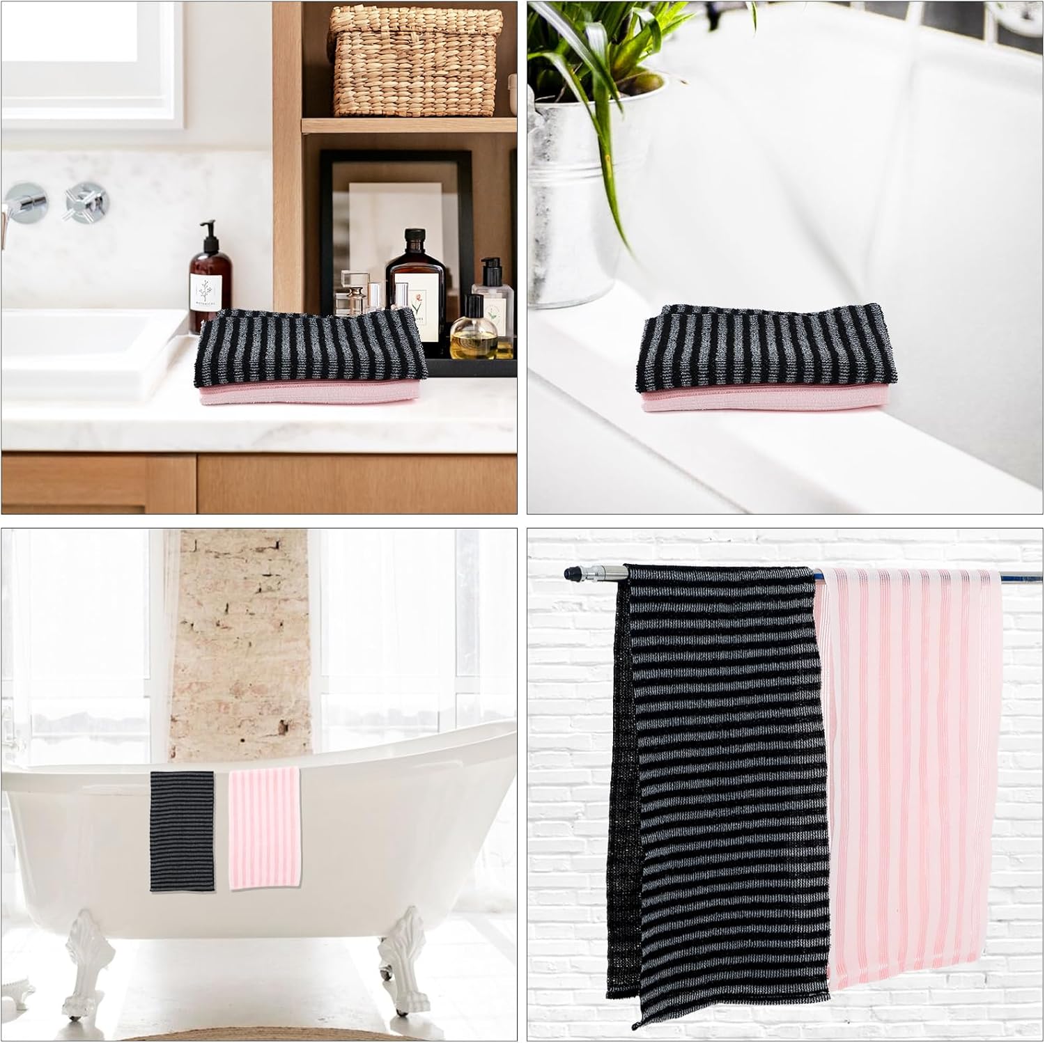 2pcs Exfoliating Washcloth Shower Towel - Black and Pink