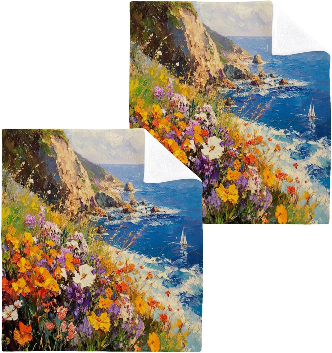 Xigua Beautiful Seascape Washcloths Set of 2 12x12 Inch