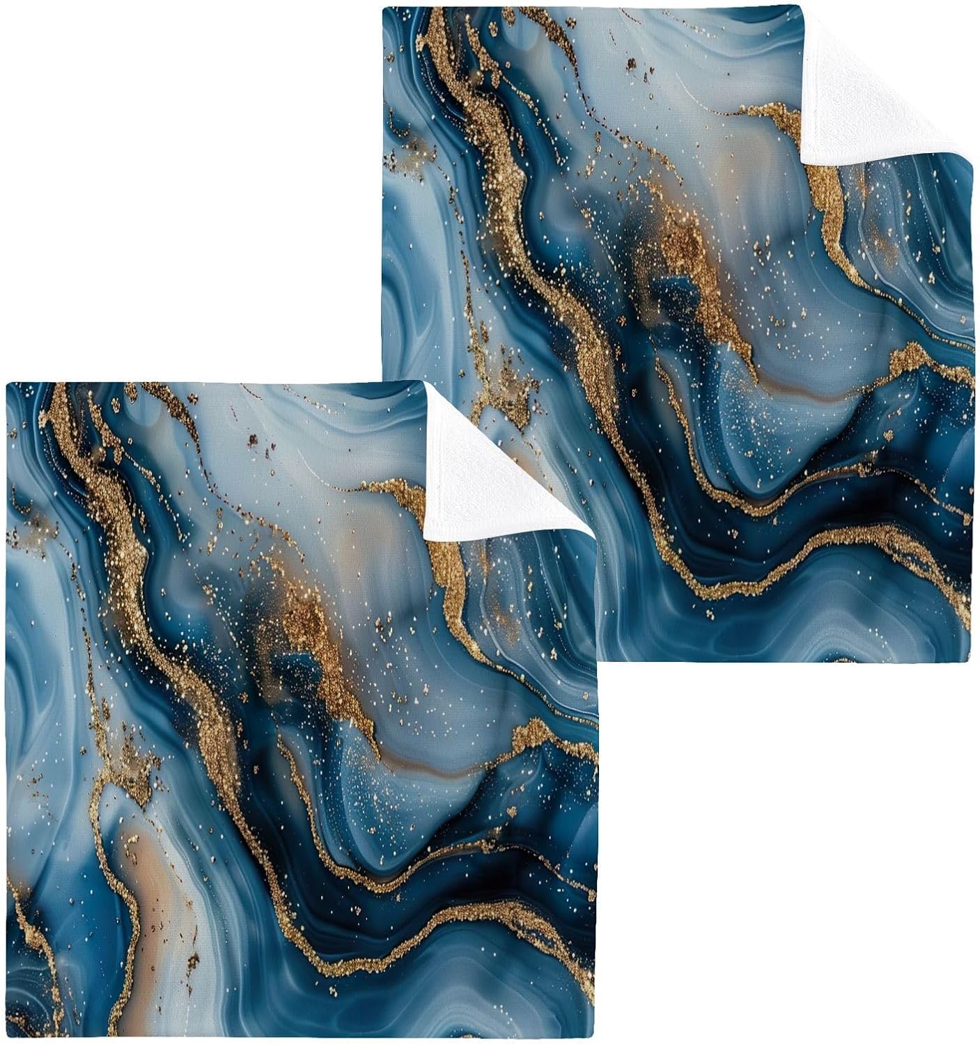 Blue Gold Marble Washcloths 2 Pack Soft Absorbent Towels