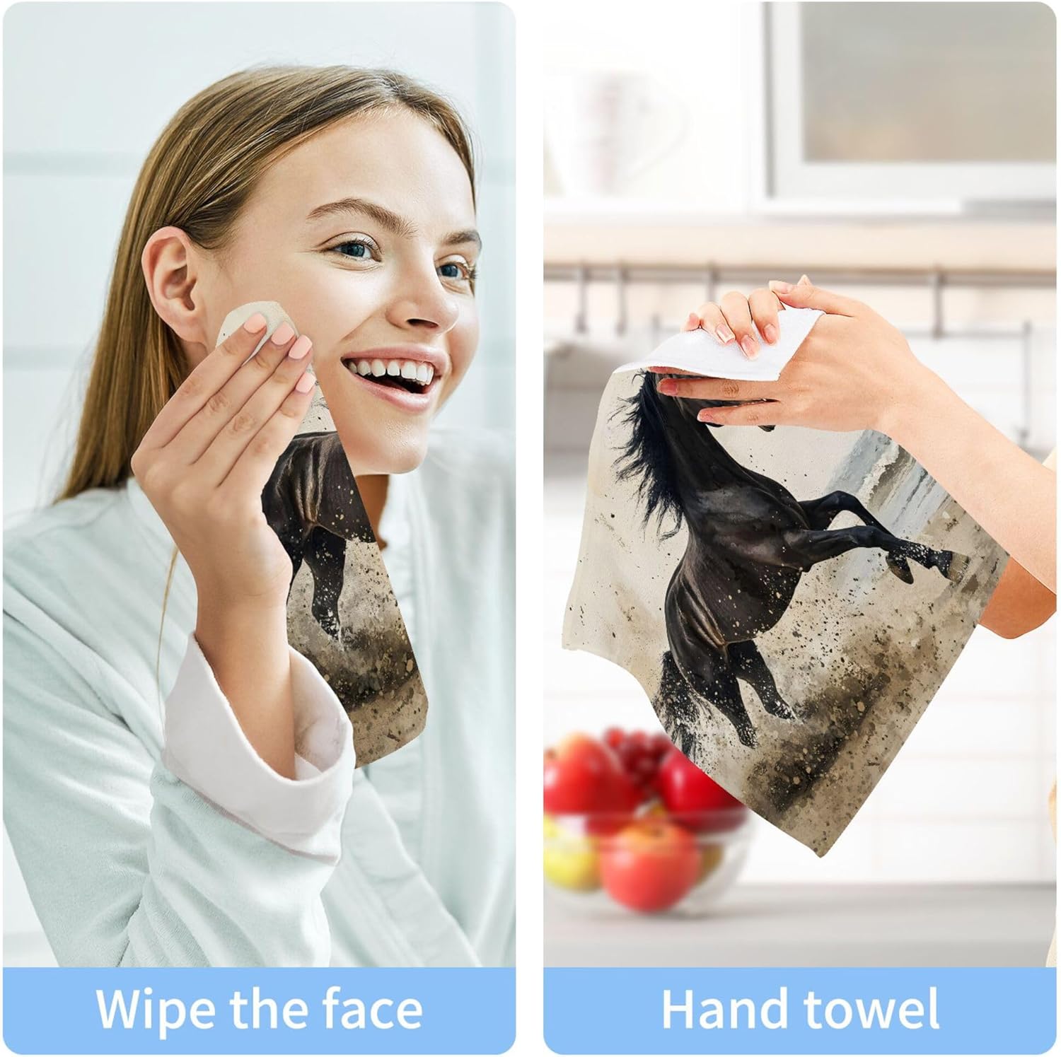 xigua Black Horse Washcloths Set of 2 - 12x12 Inch