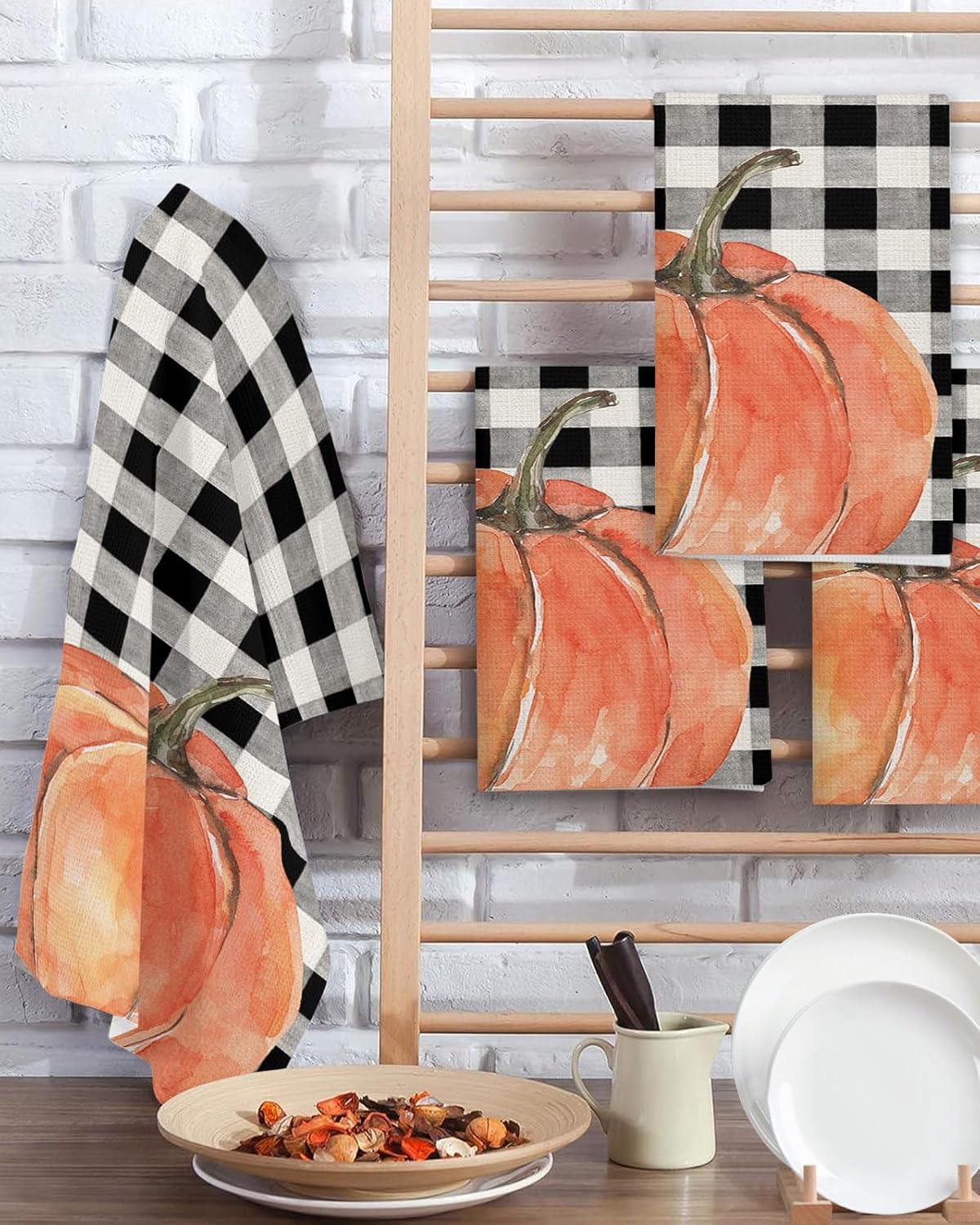 Plaid Pumpkin Waffle Kitchen Hand Towels Set of 4 Durable Absorbent
