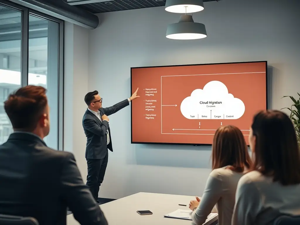 A consultant is presenting a cloud migration plan to a client, highlighting the benefits of scalability and cost savings.