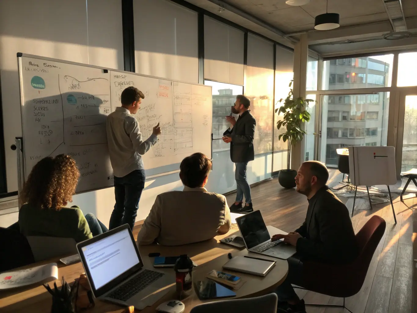 An image showcasing a team of consultants collaborating with a client in a modern office setting, brainstorming ideas on a whiteboard, representing Digital Transformation Consulting.